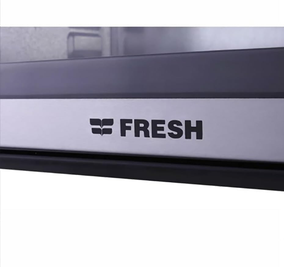 FRESH logo on the stainless front of a black electric oven