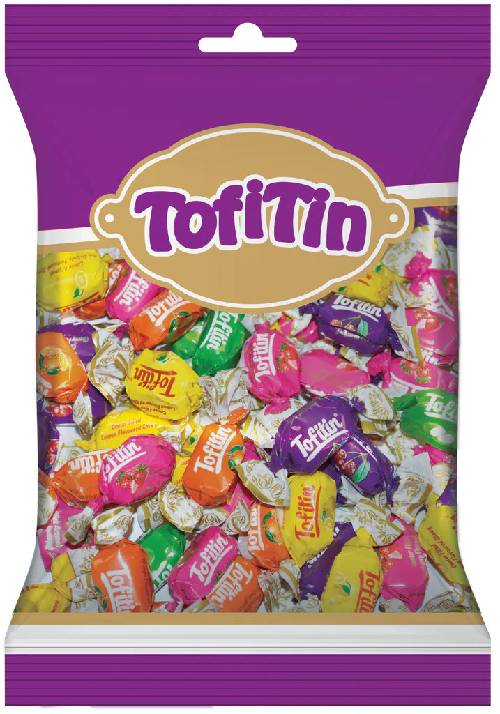 TofitTin mixed fruit filled candy bag, purple pouch with assorted wrapped chocolates