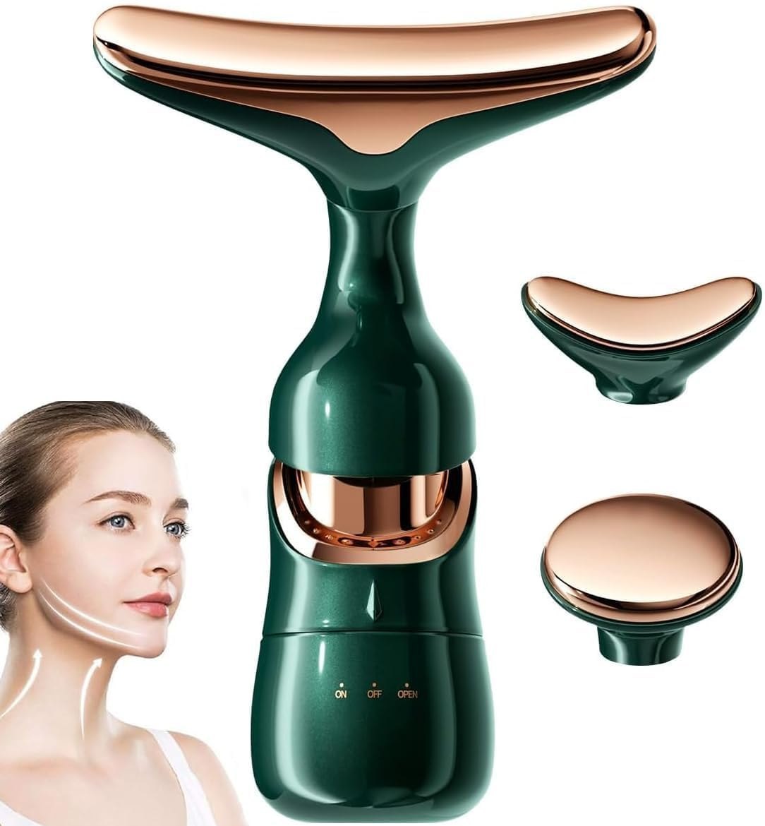 Dark green 4D facial massager with rose-gold head and ON/OFF controls