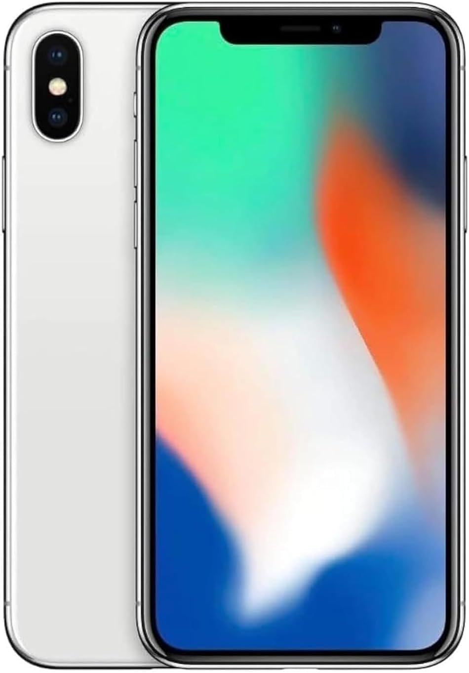 Renewed iPhone X, silver front and back, dual rear cameras visible