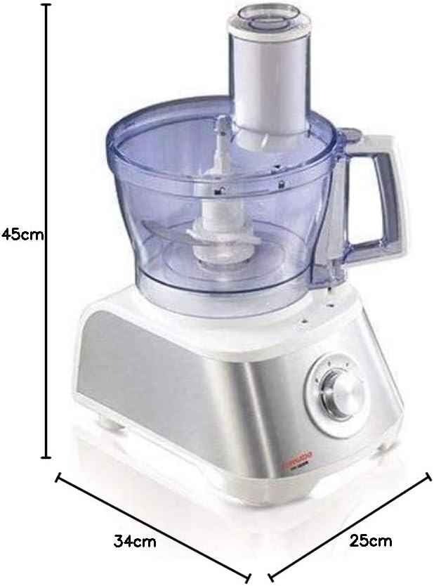 Food processor shown with clear bowl and size dimension arrows on base