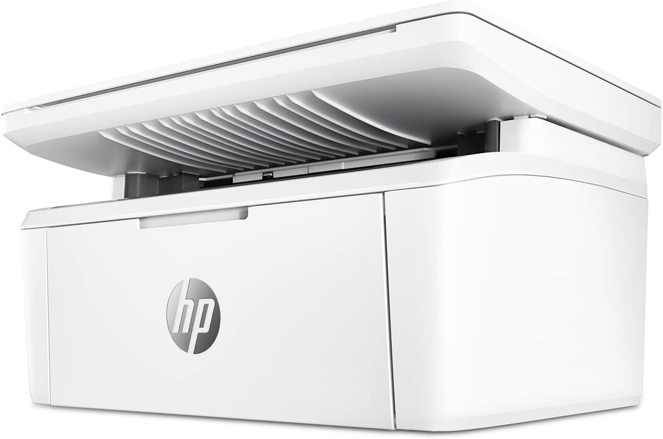 HP LaserJet MFP printer top view with open paper feed area and white control housing
