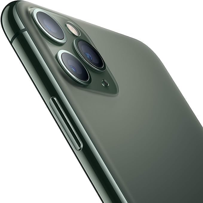 Renewed smartphone, green back showing triple camera lenses and side button
