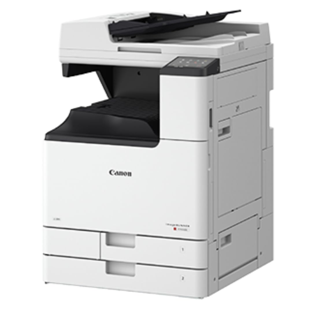 Color multifunction printer with output tray and side panels, angled front view