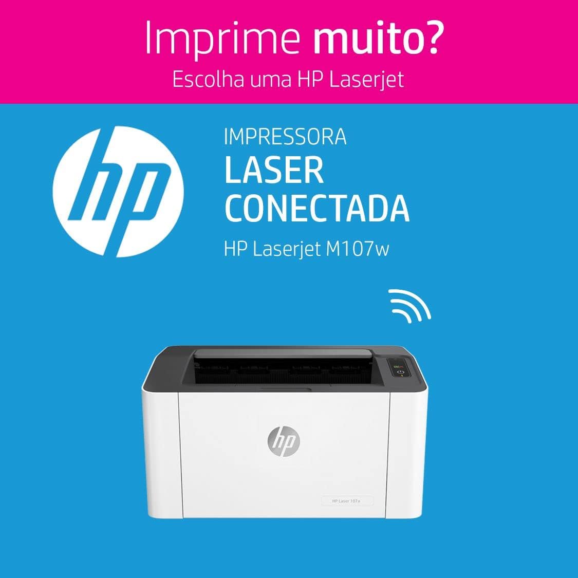 HP Laser 107w connected laser printer, compact front view on banner