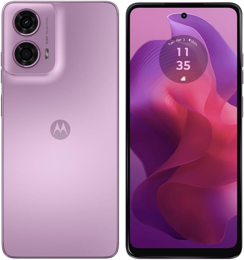 MOTOROLA smartphone in pink-lavender, front and back views with dual rear cameras