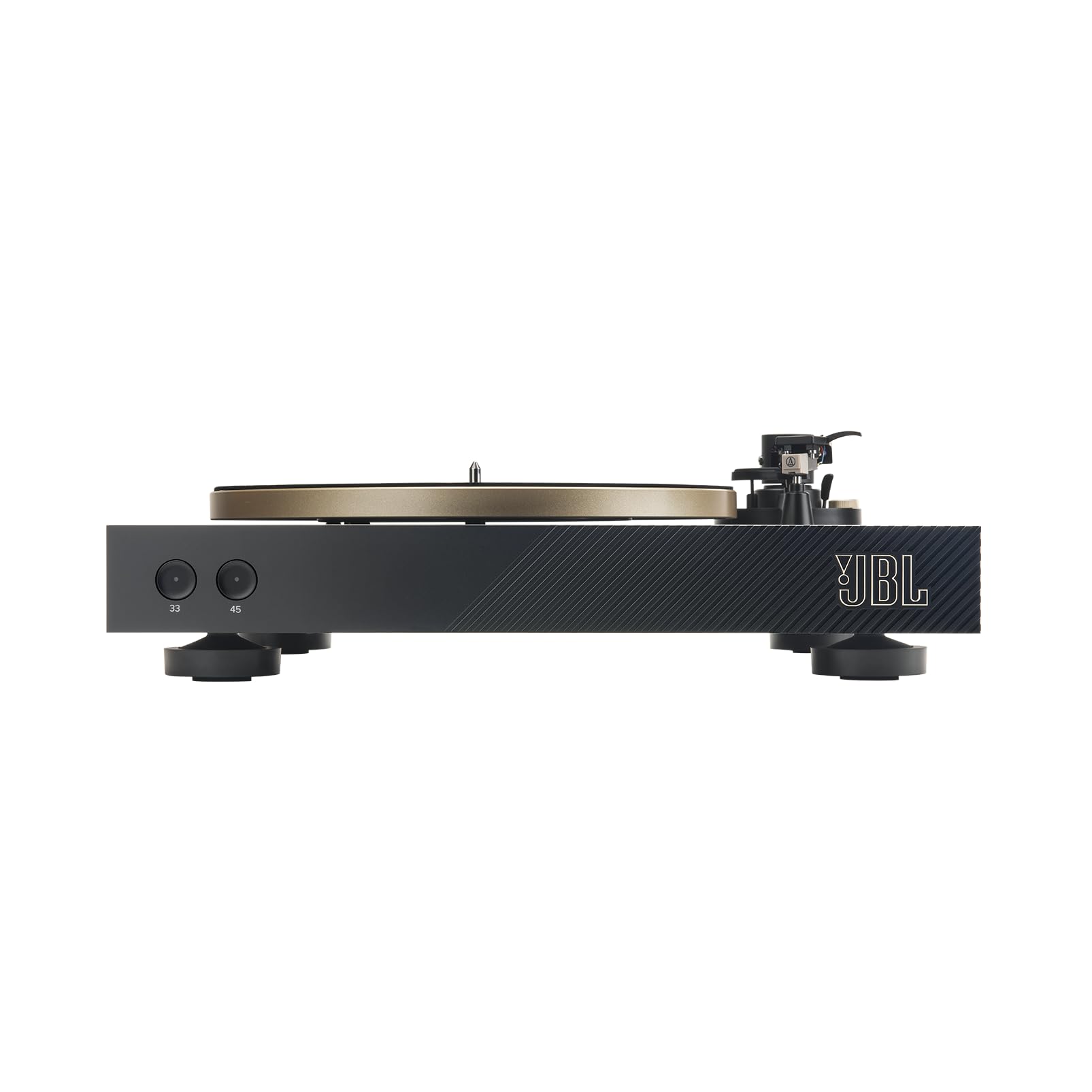 Black turntable side view with gold platter, tonearm, and front control knobs; JBL badge