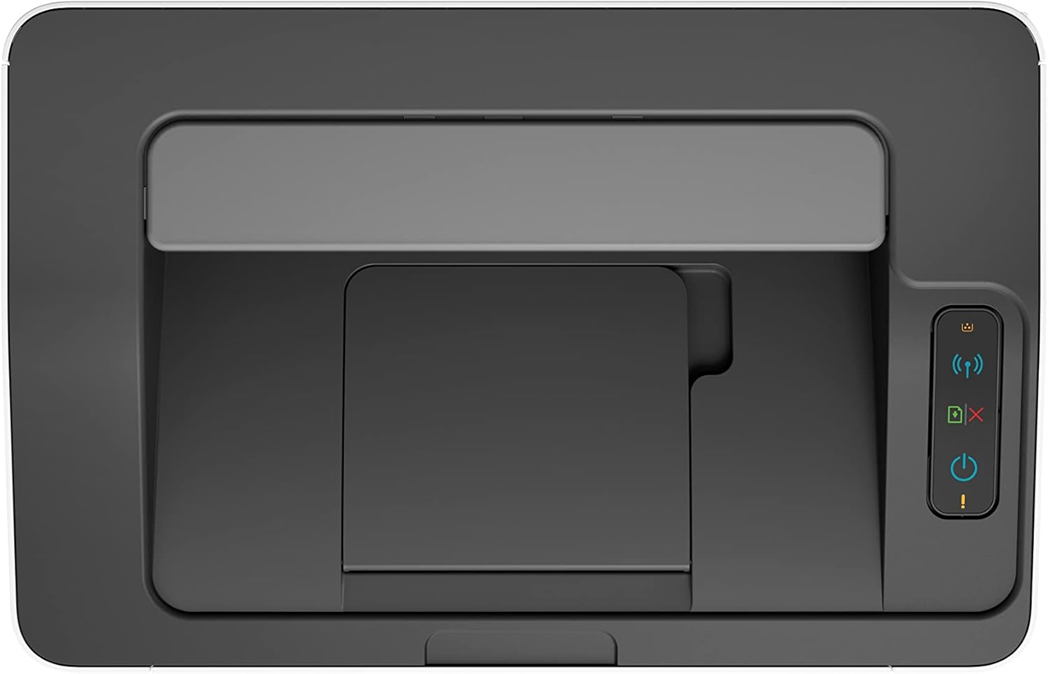 HP Laser 107w printer paper output close-up, front tray and status buttons