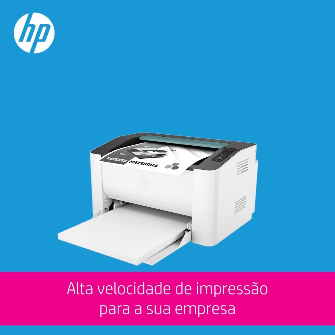 HP Laser 107w laser printer with paper output extended, angled front view