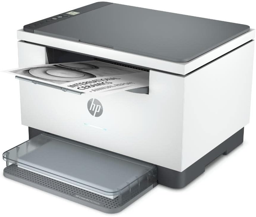 White HP laser multifunction printer with open top and paper tray, three-quarter view