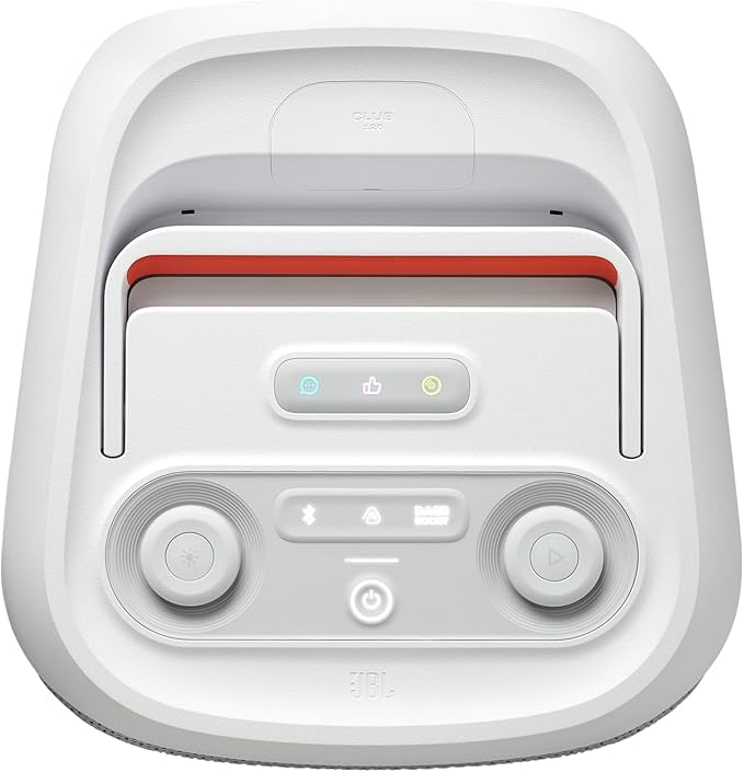 White JBL portable Bluetooth speaker top control panel with two large knobs and indicator lights
