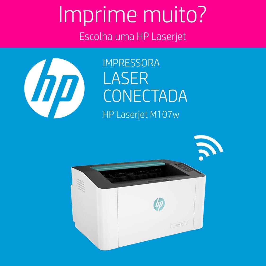 HP Laser 107w connected laser printer, front view centered on banner