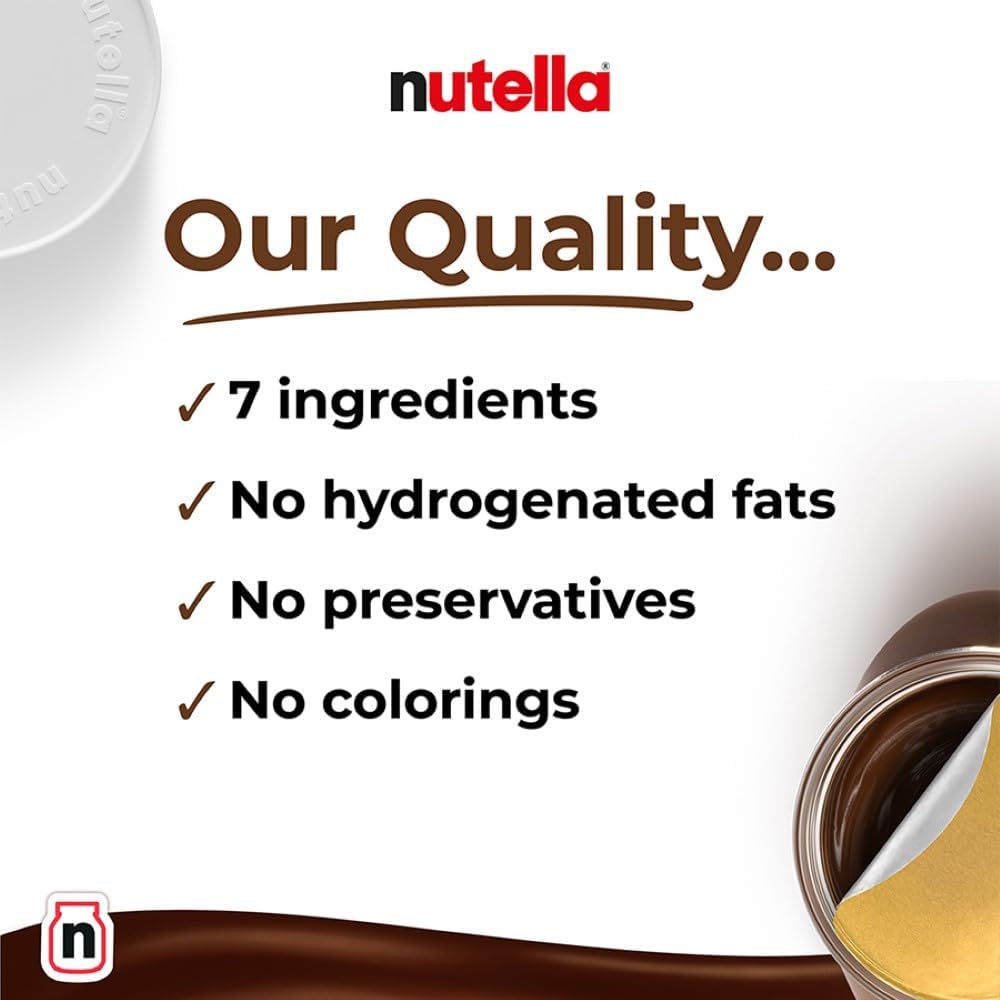 Nutella jar corner with quality callouts: 7 ingredients, no hydrogenated fats, no preservatives