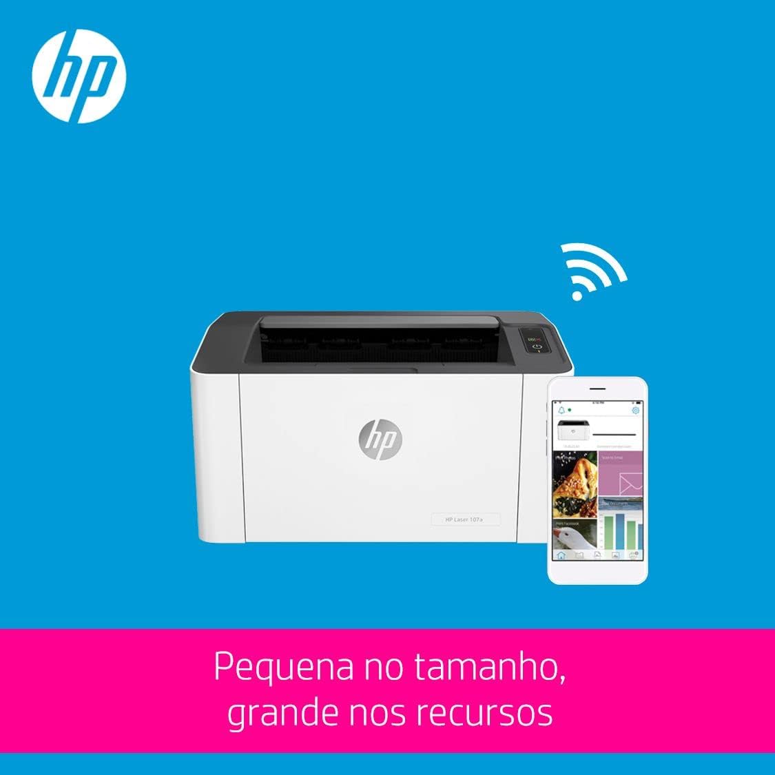 HP Laser 107w connected laser printer with smartphone icon, front view