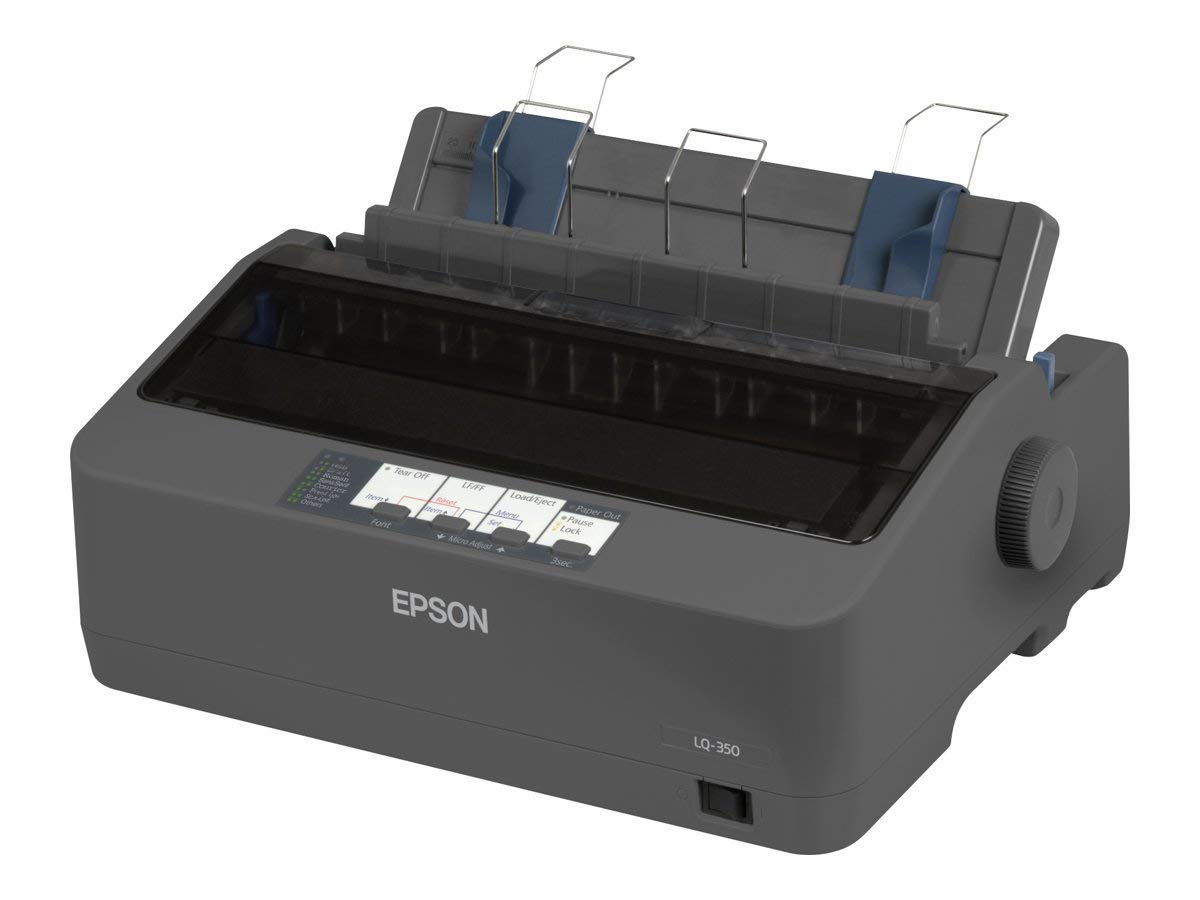 Epson LQ-350 24-pin dot matrix printer, angled view with open paper feed tray