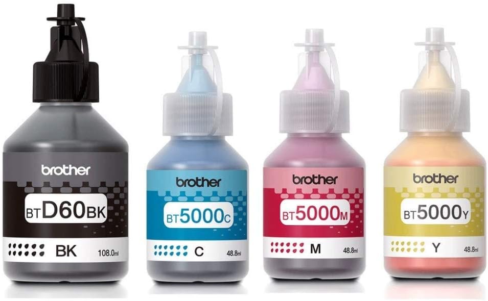 Brother ink bottles: black BT D60BK plus cyan, magenta, and yellow BT5000 series