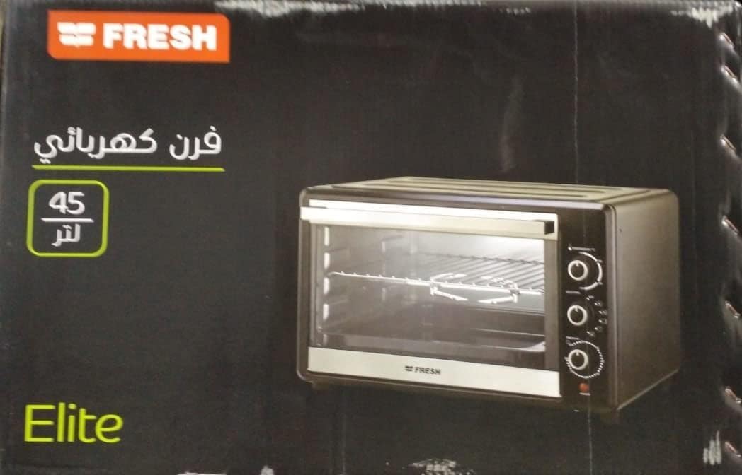 Retail box for electric oven with Elite branding, glass window, and right-side dials