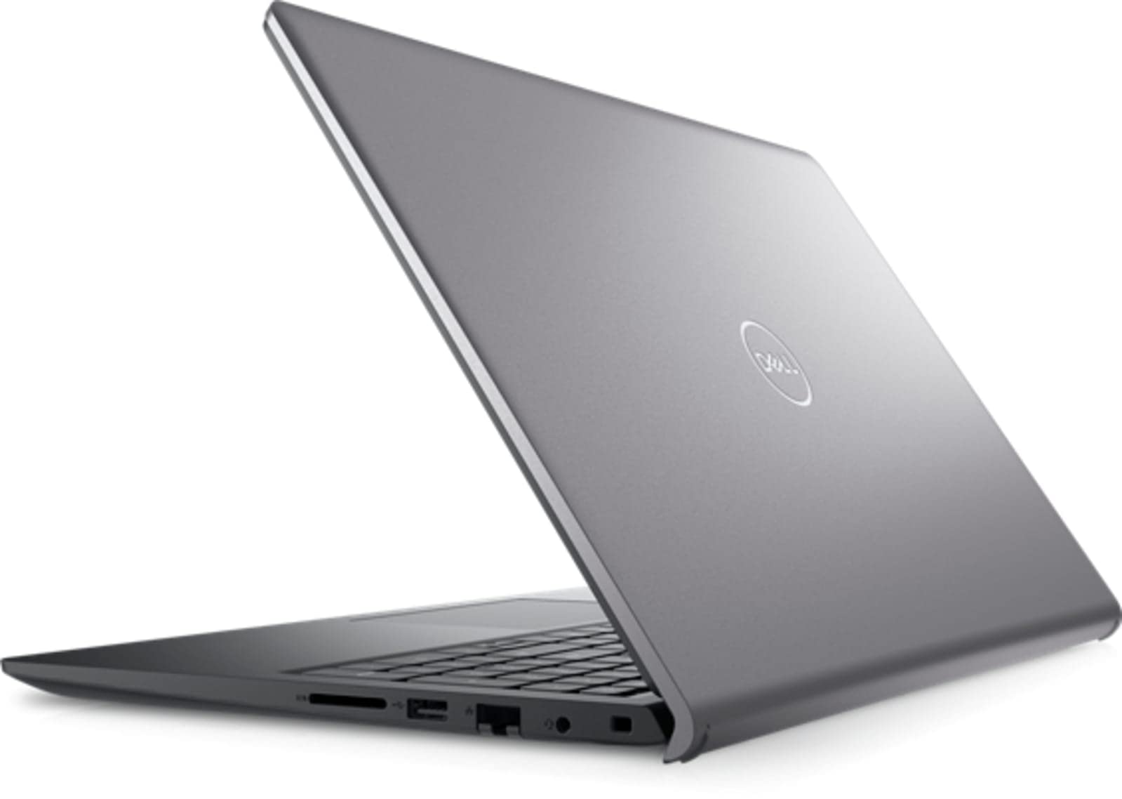 Dell Vostro laptop angled view, silver-gray lid with Dell logo