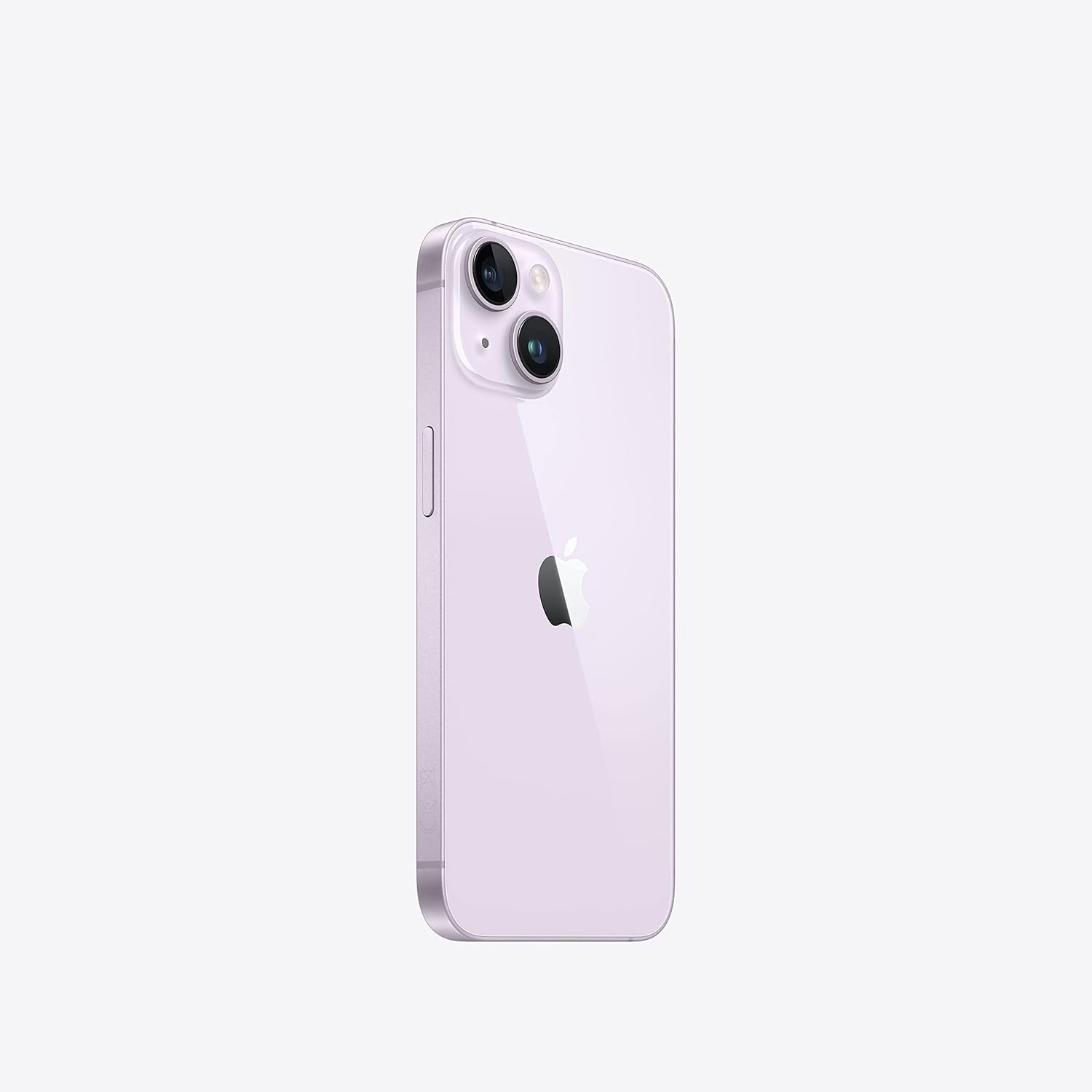 Smartphone with light purple back and dual rear cameras, rear-only side view