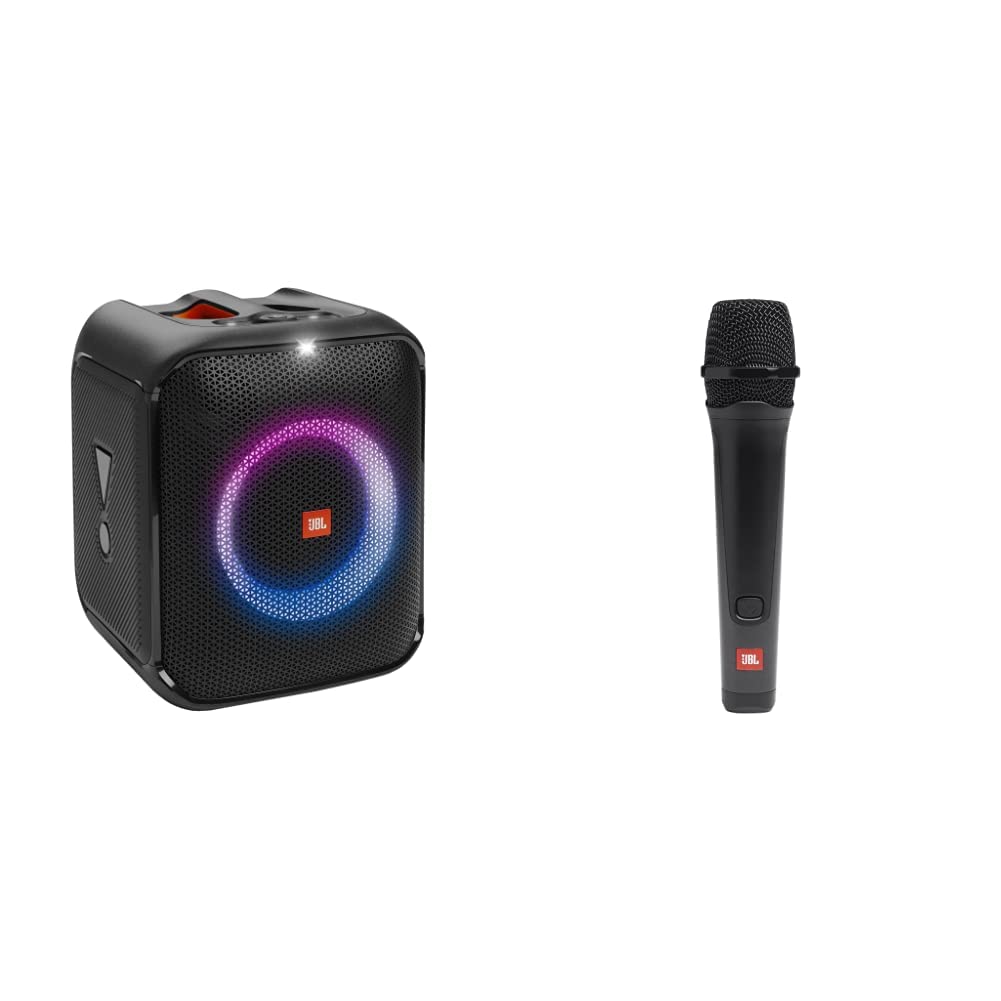 Black JBL portable Bluetooth speaker with colorful LED ring light and included handheld mic
