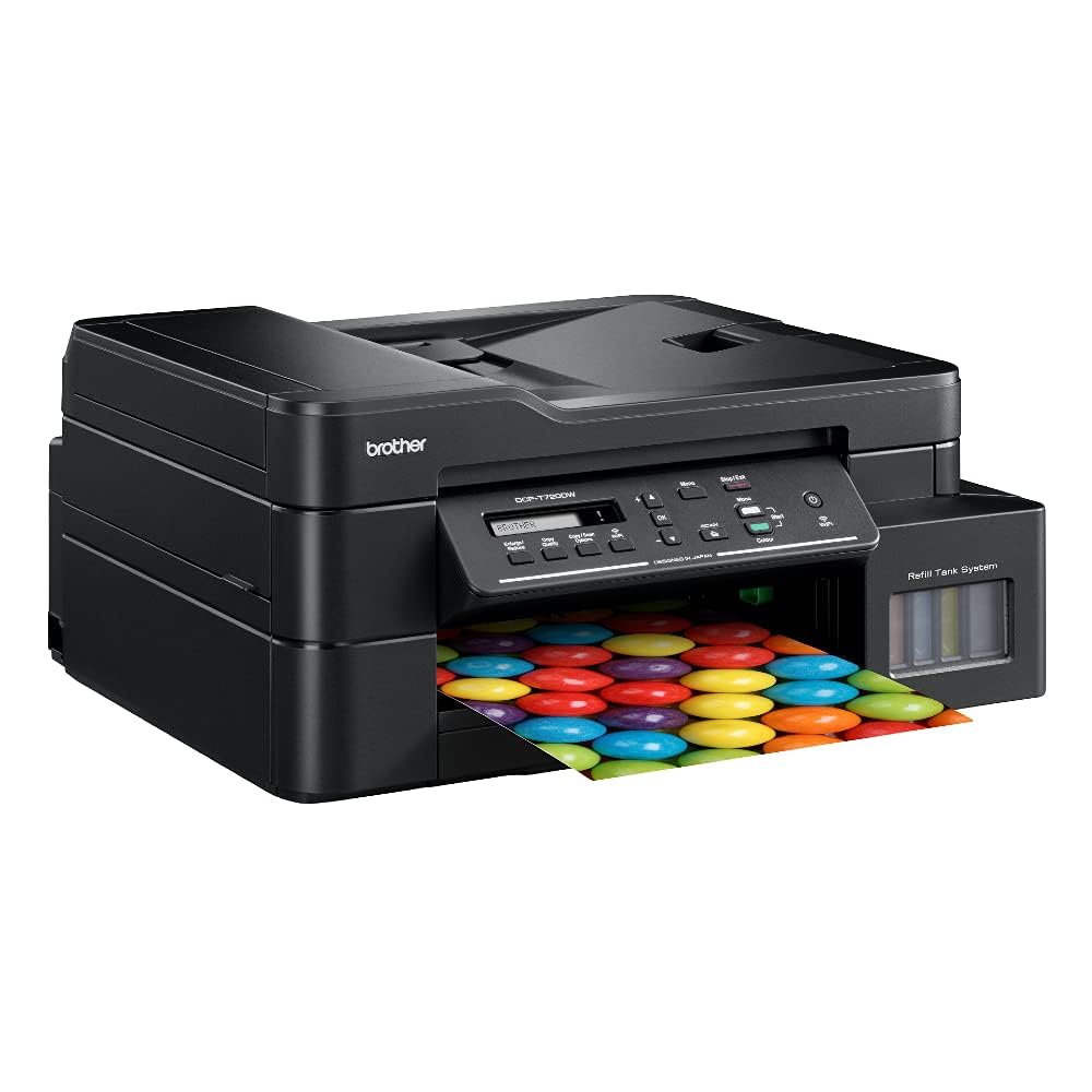 Brother all-in-one ink tank printer front view with color print coming out and ink tank system