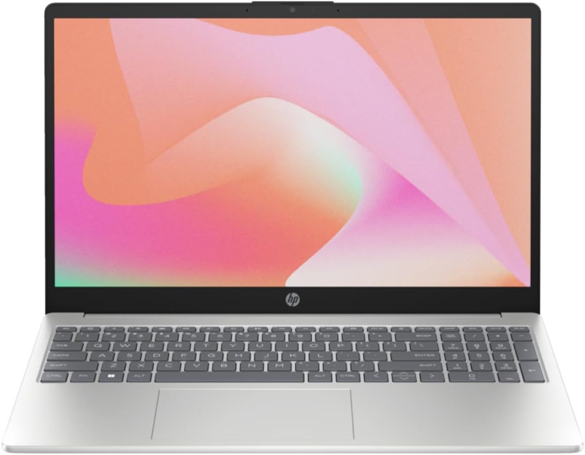 Silver HP 15.6-inch laptop with open display and full keyboard