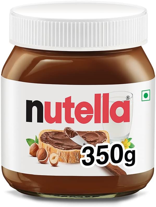 Nutella hazelnut spread jar, white ribbed lid, 350 g front label with chocolate topping