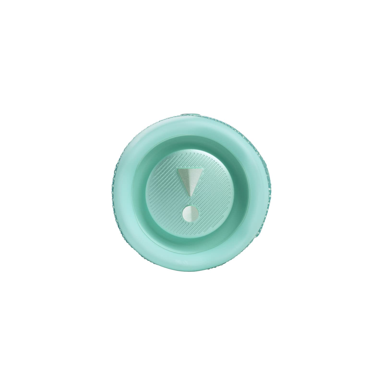 Bottom view of teal portable Bluetooth speaker showing passively radiated grille