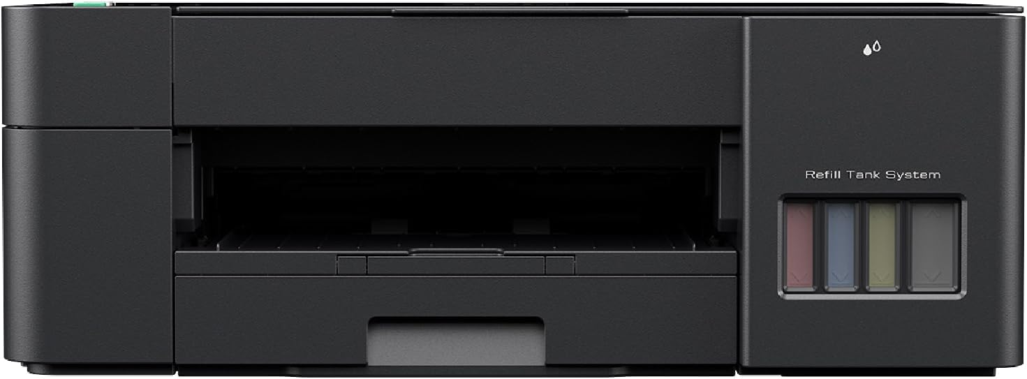 Black ink tank multifunction printer with front ink tank window open
