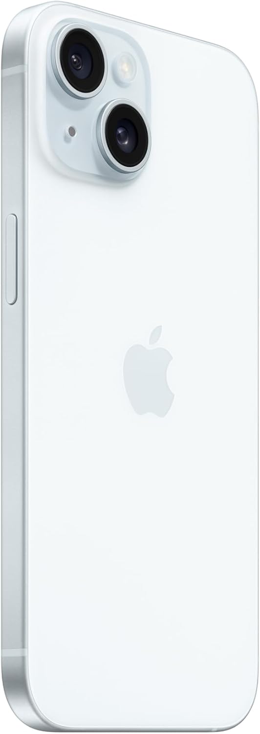 Apple iPhone 15 in white, back view showing Apple logo and dual camera