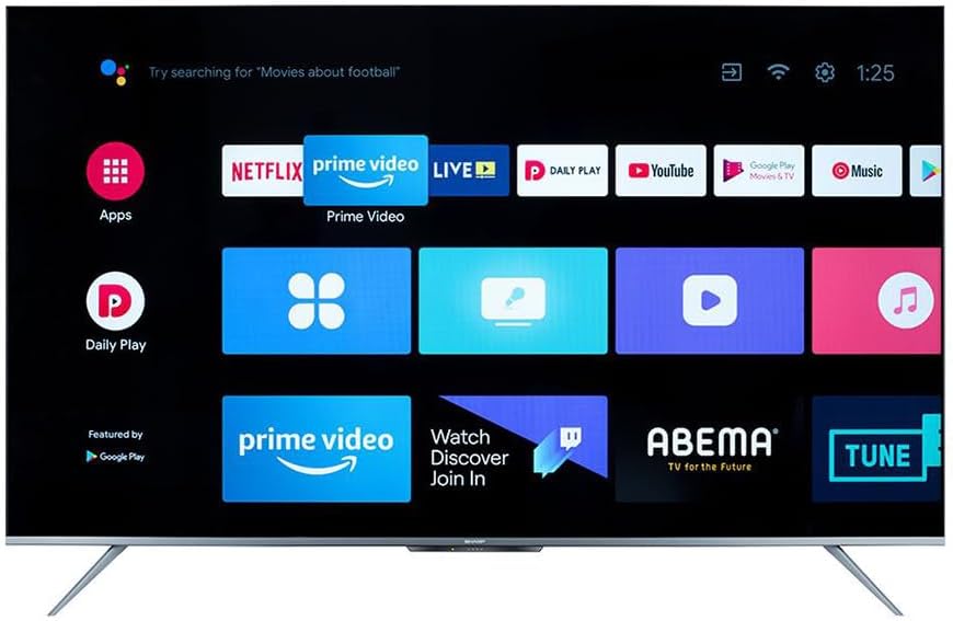 55-inch smart LED TV showing Android-style home screen apps on display.
