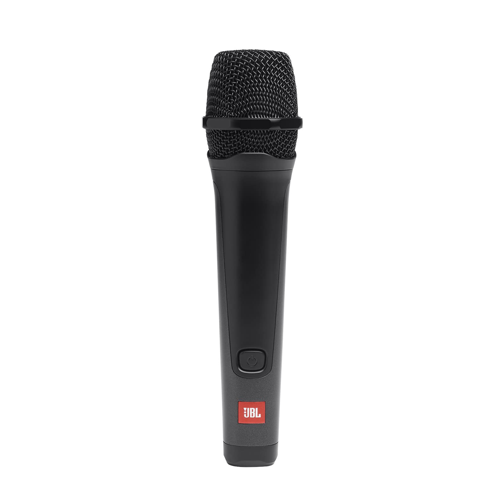 Handheld black microphone with textured grille and red JBL label