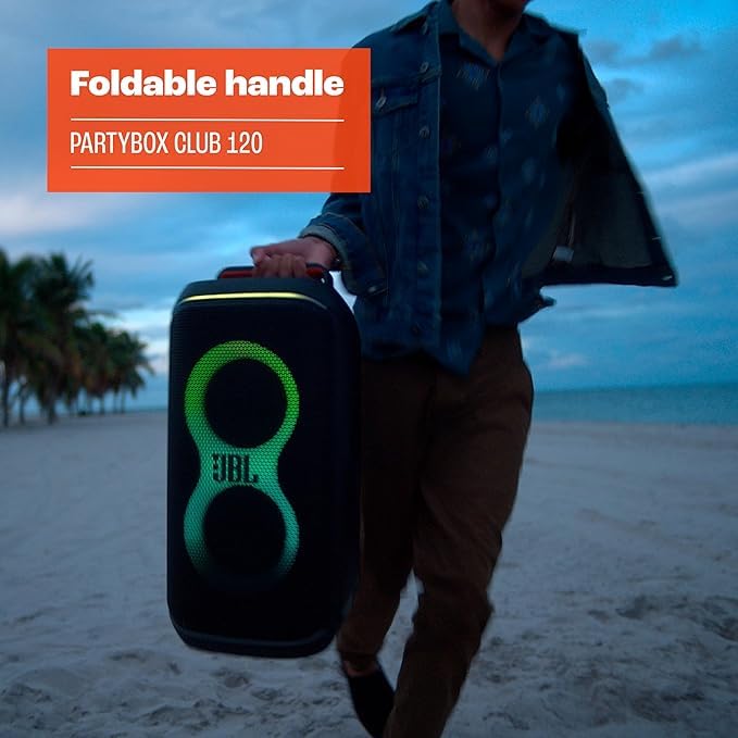JBL portable Bluetooth speaker with foldable handle and green light rings