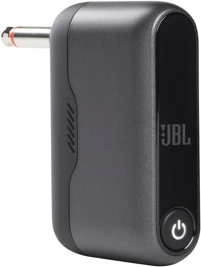 Black microphone charging case with side power button and JBL logo