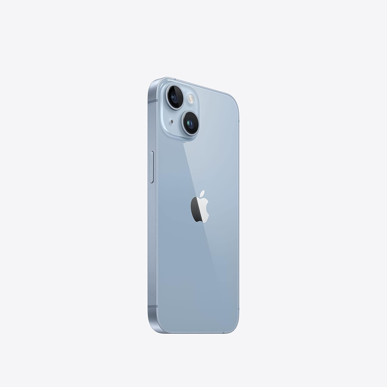 Smartphone with light blue back and dual rear cameras, rear-only side view