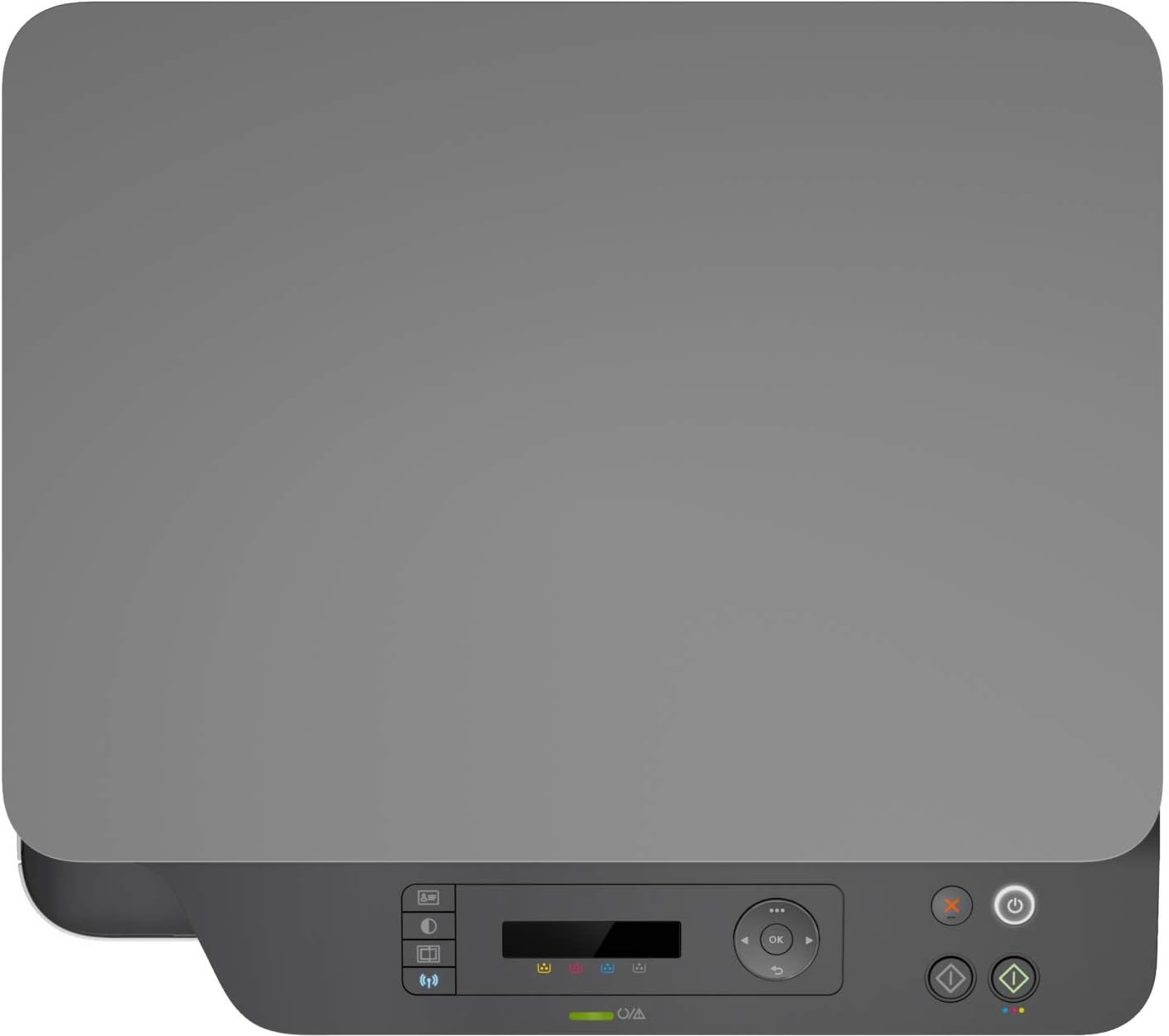 HP Color Laser multifunction printer close-up of dark top and front control buttons