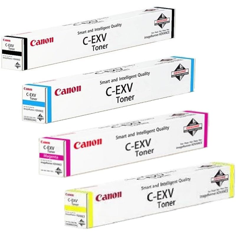 Canon C-EXV toner cartridge boxes in black, cyan, magenta, and yellow