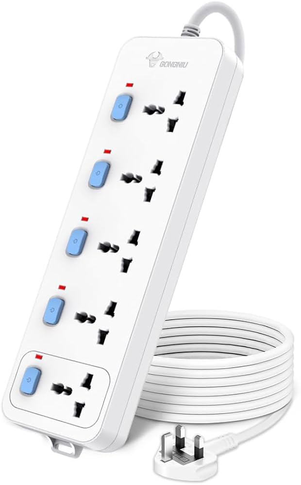 White 5-outlet multi power socket power strip with switches and plug-in cord