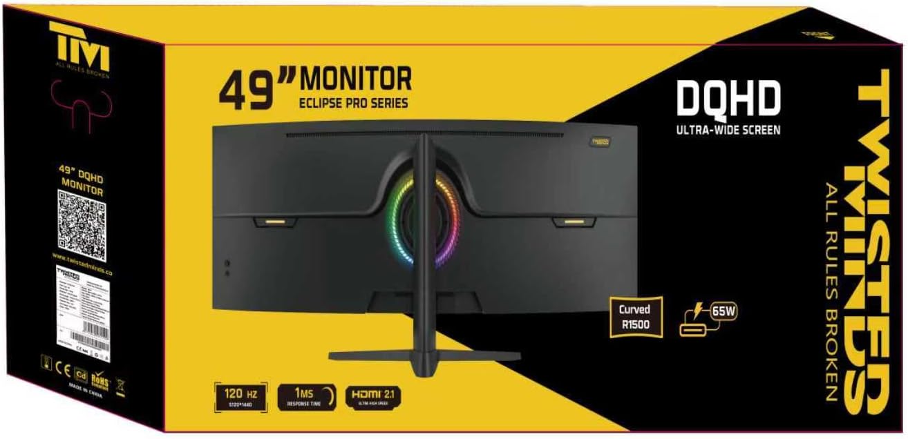 49-inch curved gaming monitor package showing front view and curved screen