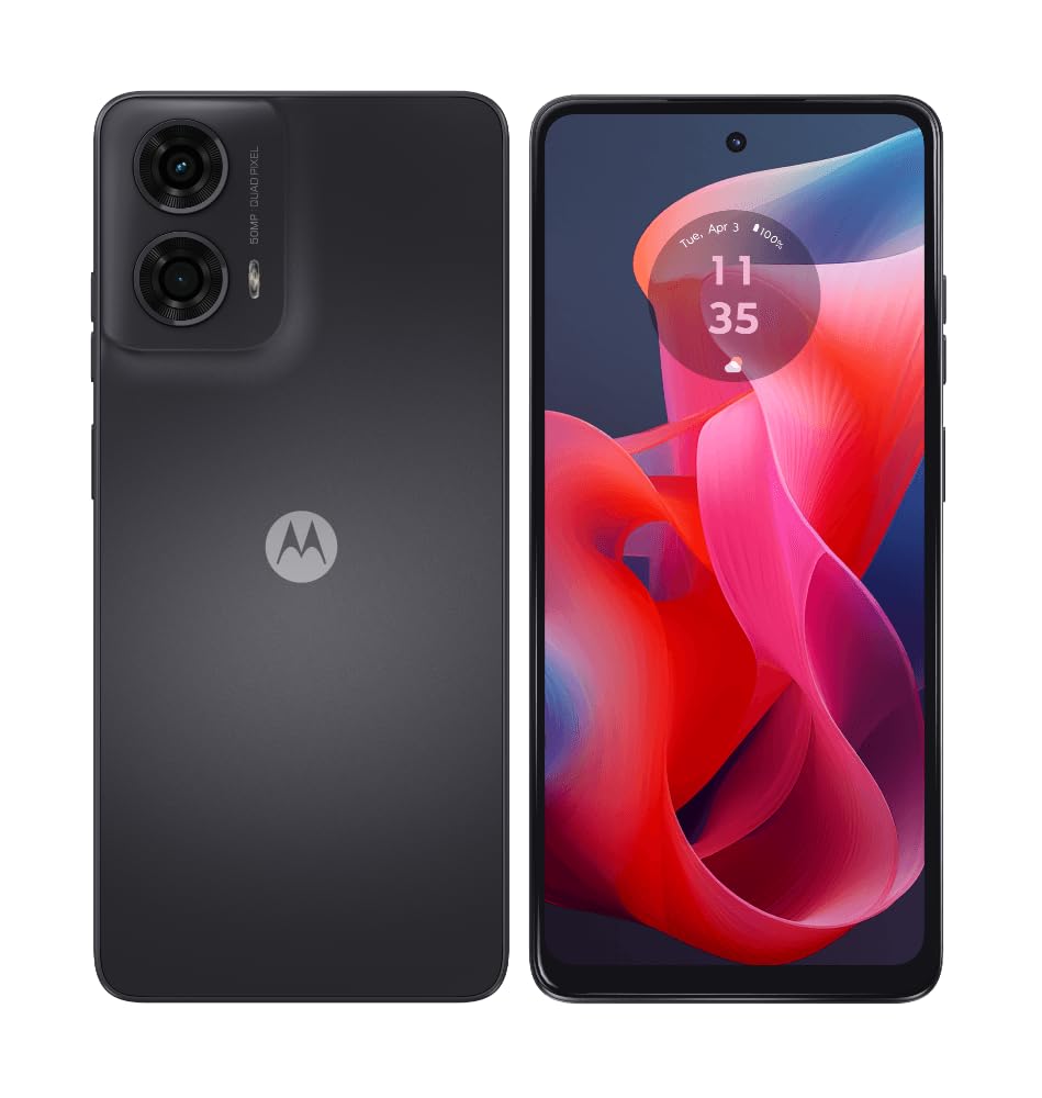 MOTOROLA smartphone in matte charcoal, front and back views with dual rear cameras