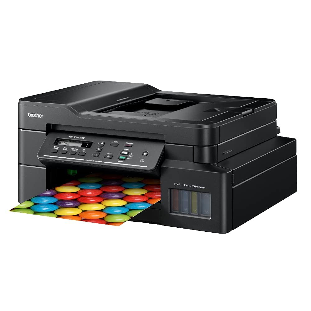 Brother all-in-one ink tank printer with open output tray and front control panel