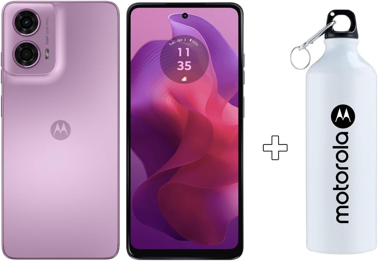 MOTOROLA smartphone in pink-lavender with dual rear cameras and a white gift bottle