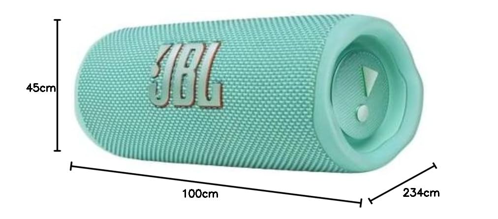 Teal portable Bluetooth speaker with size measurements and JBL logo on the front