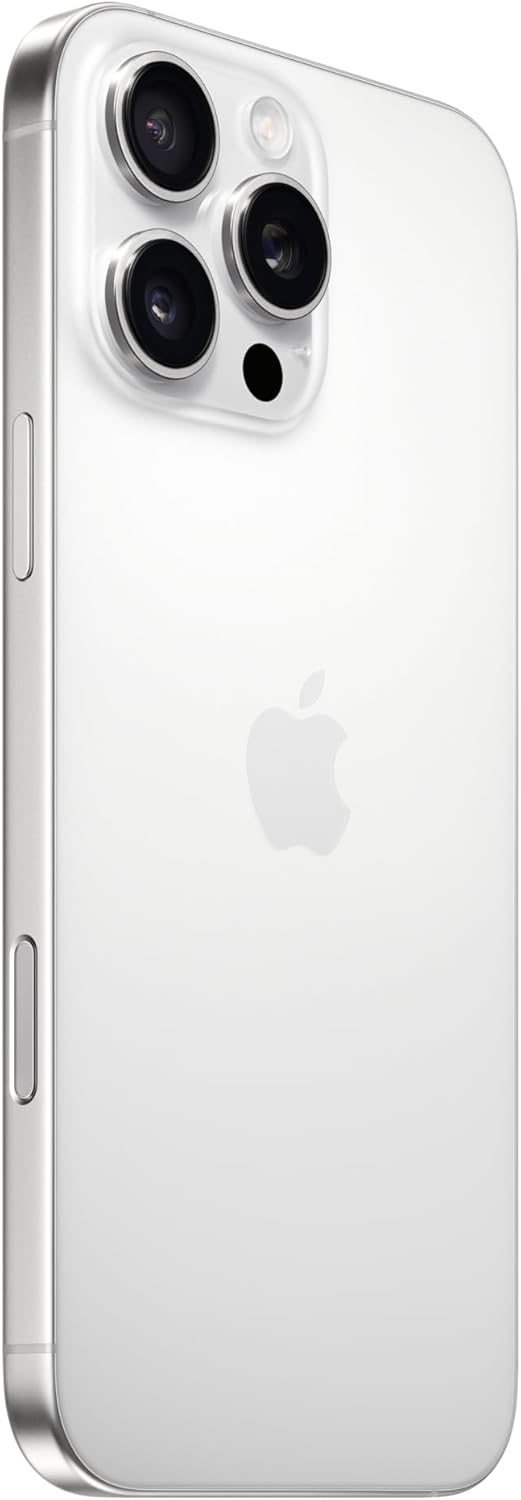 iPhone 16 Pro Max phone back in natural titanium, showing Apple logo and triple cameras