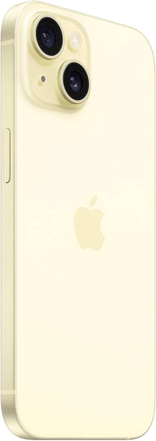 Apple iPhone 15 in cream, back view with Apple logo and dual camera lenses