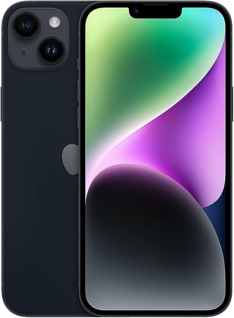 Smartphone with dark blue back and dual rear cameras, front display with green and purple wallpaper