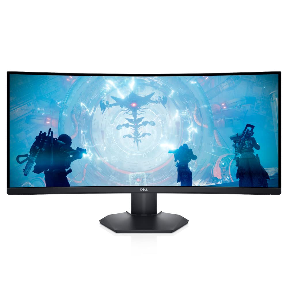 Black curved gaming monitor with central stand, showing blue sci-fi game scene on screen
