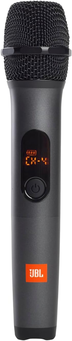 Black handheld microphone with display screen, power button, and orange JBL logo