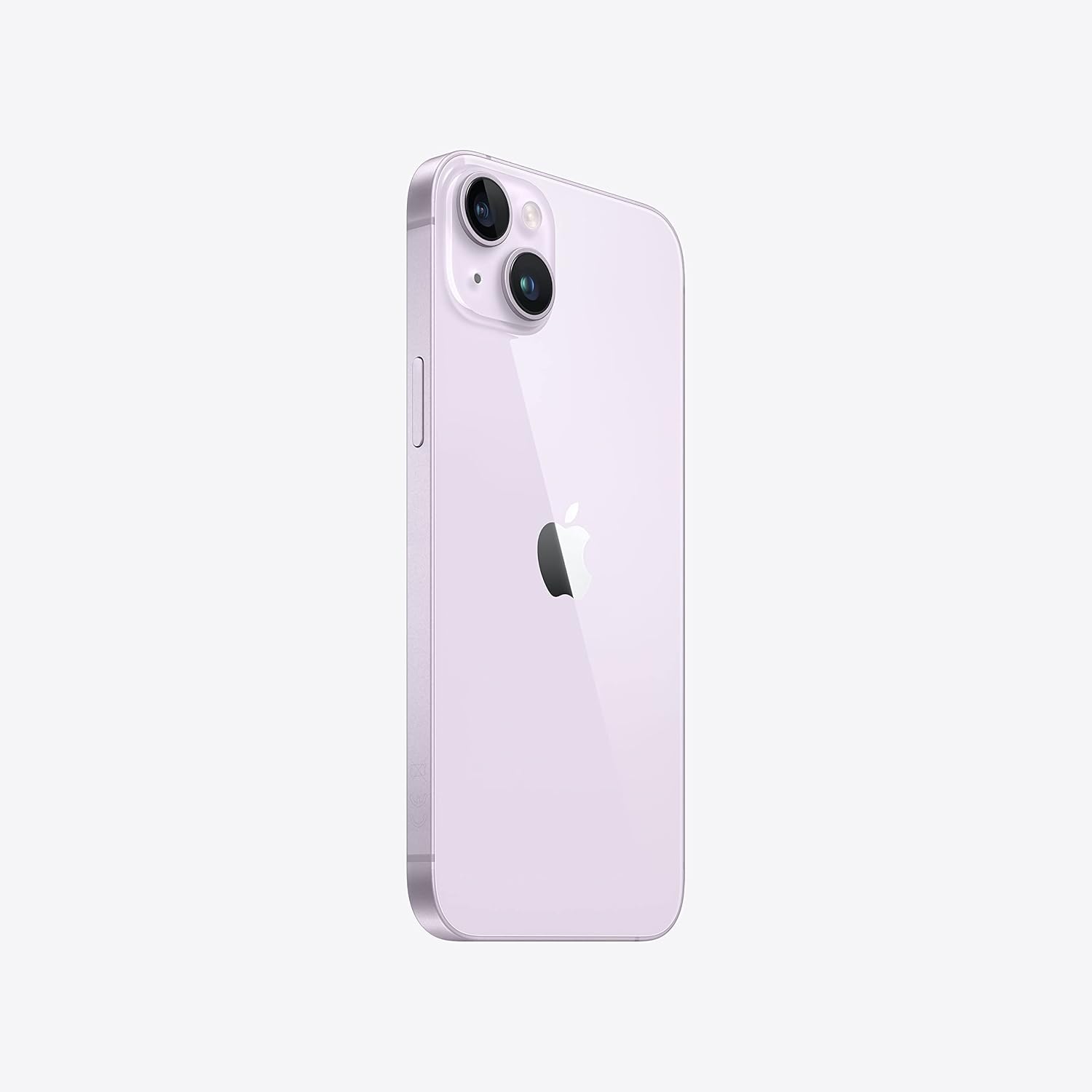 Light purple iPhone back with dual cameras, Apple logo, and slim side buttons