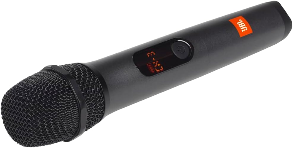 Black handheld microphone with mesh grille and red numeric display on body